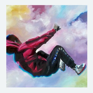 May include: An acrylic painting depicts a person in a red hoodie and black pants, seemingly floating in a colorful, cloud-filled sky. The artwork uses a vibrant palette of pinks, purples, blues, and yellows, creating a dreamlike atmosphere. The person is wearing white sneakers.