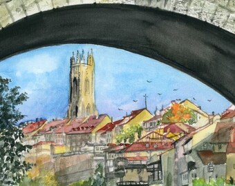 Original watercolor painting of Fribourg, Switzerland