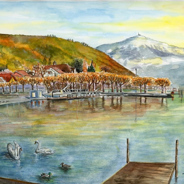 Origineel aquarelschilderij van de oude binnenstad van Zug, Zwitserland