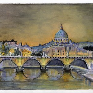 Original watercolor painting of Rome,Italy at night time.