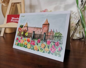Greeting card of castle from Morges, Switzerland during the Tulip Festval