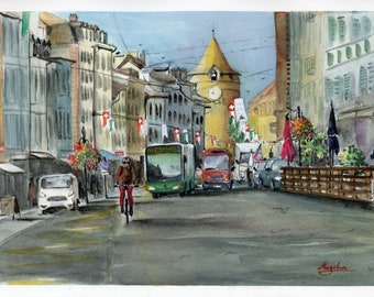Original watercolor painting of Rue Louis de Savoie from Morges, Switzerland