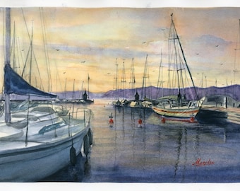Original Watercolor painting of the harbour from Morges, Switzerland