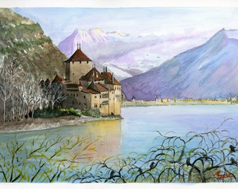 Castle chillon, Switzerland during the day. Original watercolor painting.