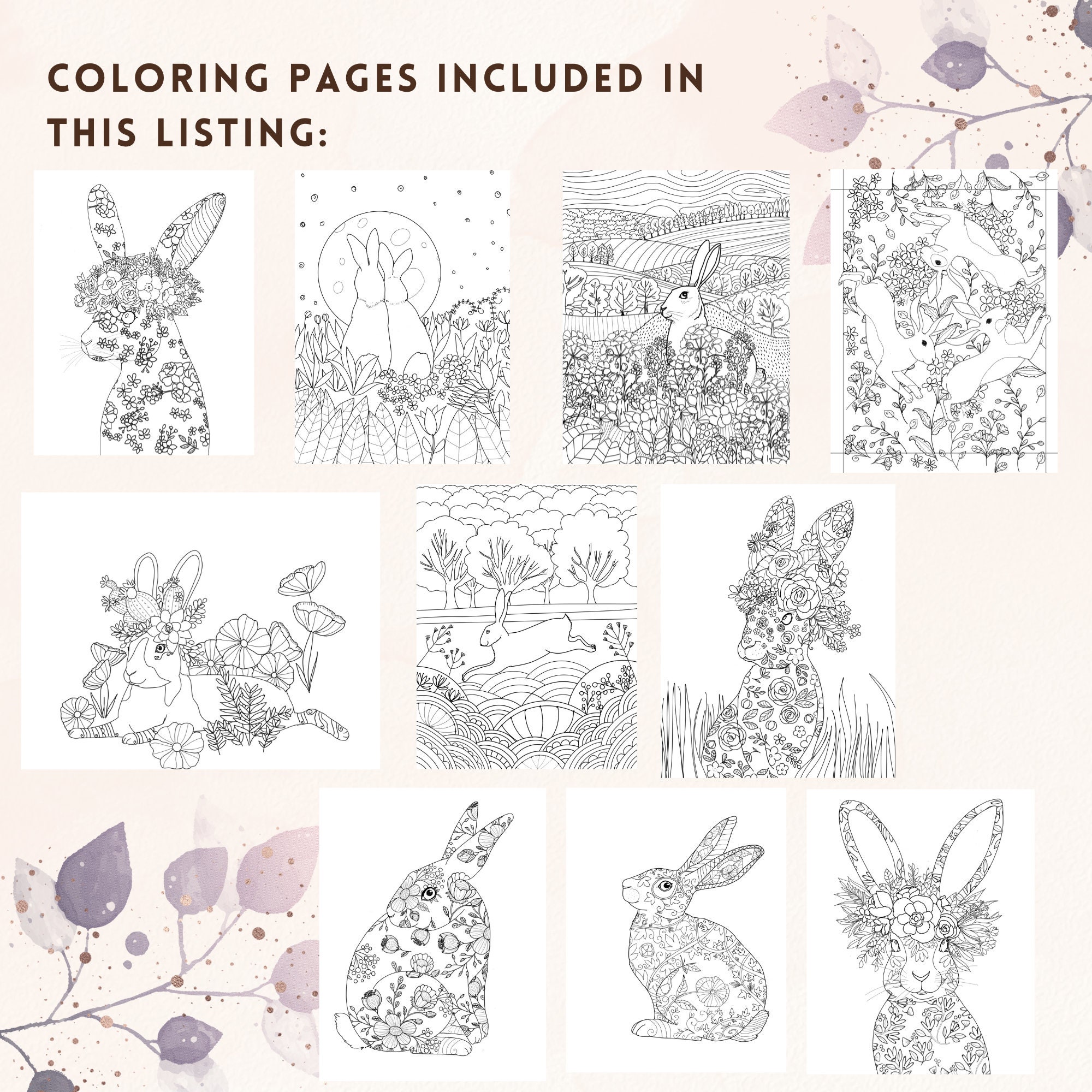 Rabbits, Printable Coloring Pages for Adults, Printable Instant Digital ...