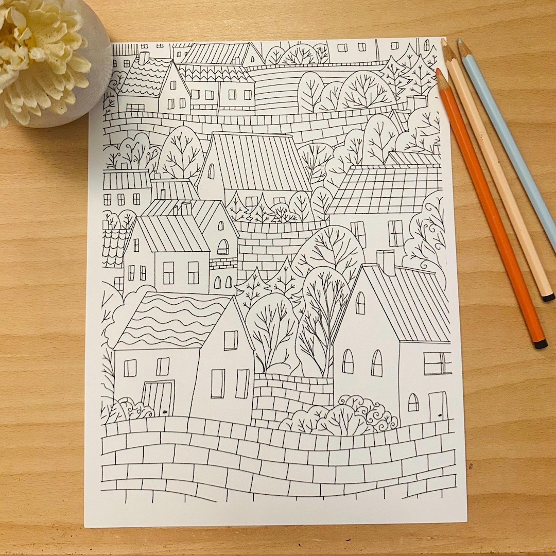 Premium Coloring Page Set Cozy Houses, Hand-drawn Physical Art Prints ...
