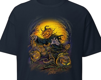 May include: A dark blue t-shirt with a graphic of a scary pumpkin-headed figure with glowing eyes and a menacing grin. The figure is surrounded by other pumpkins in a dark forest setting.