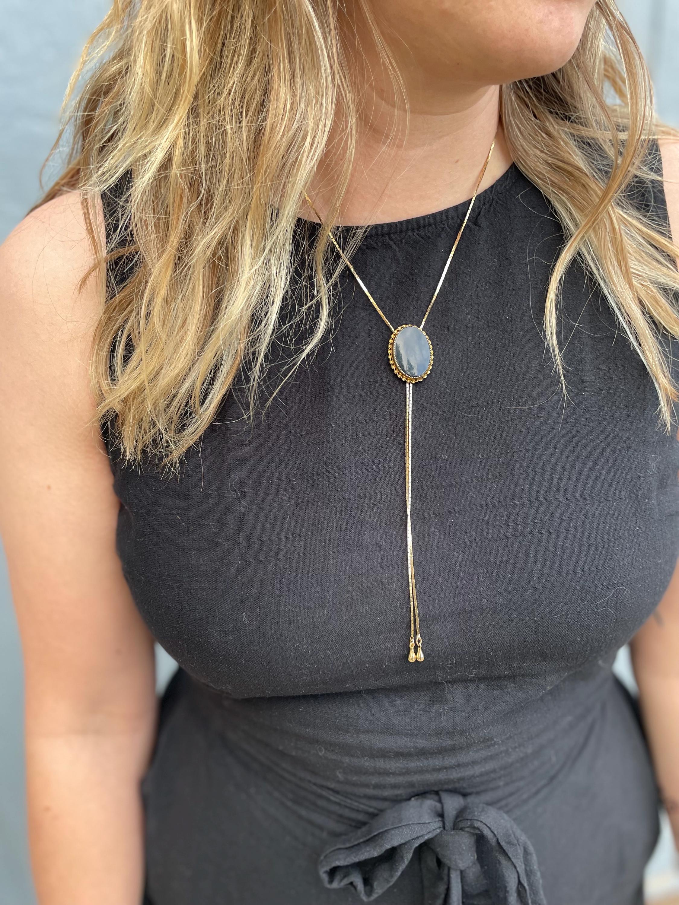 Black Stone and Brass Lariat Bolo
