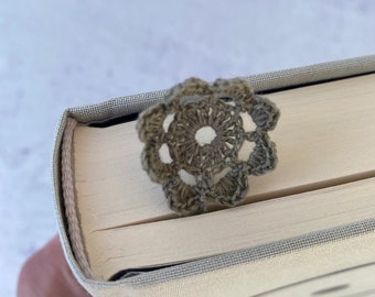 Crocheted flower bookmark -pomegranate gray natural dye plant dye crochet linen book accessory page holder book journal