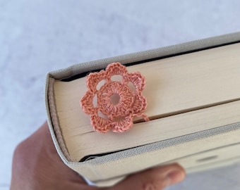 Crocheted flower bookmark -madder pink natural dye plant dye crochet linen book accessory page holder book journal