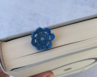 Crocheted flower bookmark - indigo natural dye plant dye crochet blue linen