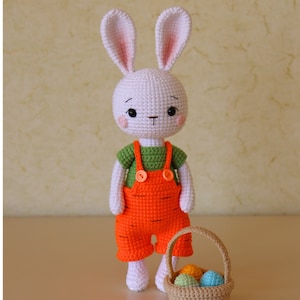 Puede incluir: Patrón de crochet para un conejito blanco con un mono naranja y sosteniendo una cesta de huevos de Pascua coloridos. Patrón PDF para descarga instantánea.