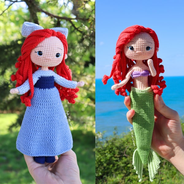 2 TENUES 1 POUPÉE Motif princesse sirène au crochet, poupée avec robe de princesse, poupée avec queue de sirène, motif anglais