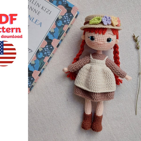Modèle au crochet : modèle anglais de poupée Anne, modèle amigurumi pour poupée aux cheveux roux, poupée aux cheveux tressés, fille d'honneur au crochet