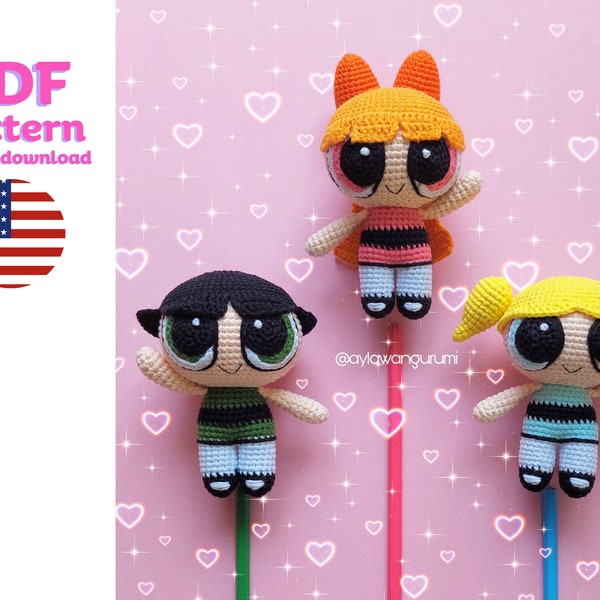 Modèle au crochet : poupées Powerpuff Girls (3 en 1), modèle de poupée au crochet, lot de modèles au crochet 3 en 1, poupée Powerpuff Girls au crochet