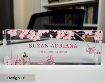 Pink Floral Name Plate, Executive Office Name Sign, Personalized Acrylic Gift, Teacher Nameplate for Desk, Custom Office Name Sign