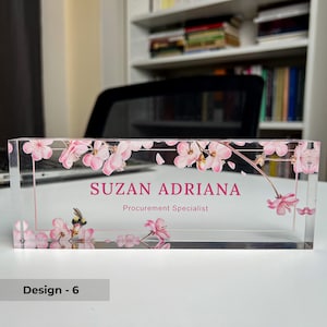 Pink Floral Name Plate, Executive Office Name Sign, Personalized Acrylic Gift, Teacher Nameplate for Desk, Custom Office Name Sign