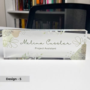 Placa de nome floral verde, placa de nome personalizada para mesa, placa de nome de mesa de cristal, sinal de mesa de escritório executivo, placa de nome personalizado de escritório