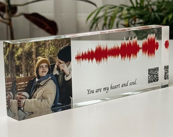 Custom Soundwave Art for Valentine's Day, Personalized Photo Block, Voice Recording Gift, Song Plaque with QR Code - Gift for Valentine