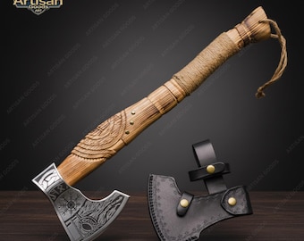 Hand Forged Carbon Steel Viking Axe: Carved Ash Wood Handle, Leather Sheath