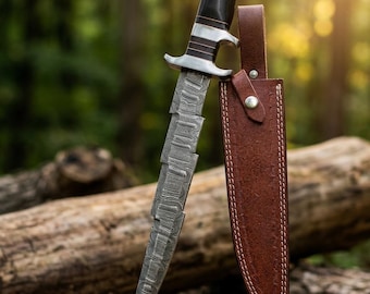 Cuchillo de caza de acero de Damasco de 15 pulgadas, forjado a mano y hecho a medida, con hoja Kris, cuchillo Bowie con funda, regalo de cumpleaños para papá.