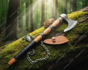 Handcrafted Viking Forged Axe, Hatchet, Hand Forged Carbon Steel, Leather Sheath, Anniversary Gift, Outdoor Adventure Tool & Collectible
