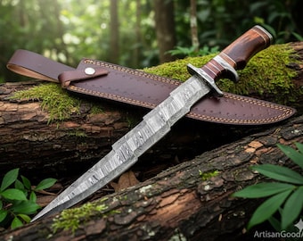 Hand Forged, Custom made Damascus Steel  15 inches, Kris Blade, Hunting Knife, Bowie Knife, With Sheath, Birthday Gifts For Father