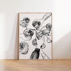 Bar Cart Print, Cheers Print, Vintage Cocktail Poster, Alkohol Getränk druckbare schwarz weiße Wandkunst, Bar Cart Brille Zubehör