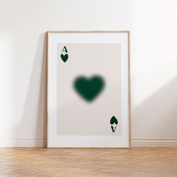 Aura Heart Gradient Poster, Green Ace of Hearts Prints, Minimalist Playing Card Printable, Emerald Green Preppy Home Decor, Feeling Lucky