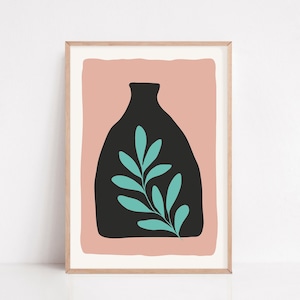 Impresión de pared de cerámica abstracta, cartel de cerámica de arcilla, impresión de arte de jarrón de hojas, arte botánico boho negro y verde, bodegón abstracto imprimible