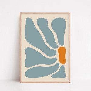 Blumendruck Hellblau und Orange, Abstrakte Botanische Pastelldrucke, Dänische Pastell Blumen Poster, druckbare große Wandkunst, Boho Geschenke