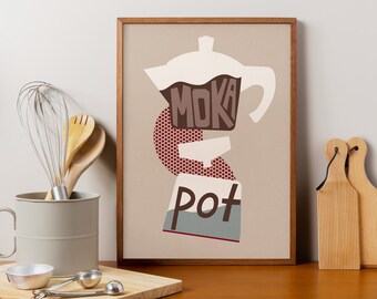 Stampa artistica di una moka: poster di caffè in stile Mid-Century Modern (download digitale)