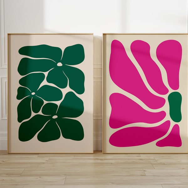 Floral Print Set of 2, Abstract Botanical Digital Download, Large Emerald Green Pink Flower Print, Bold Boho Trendy, Vibrant Color Poster