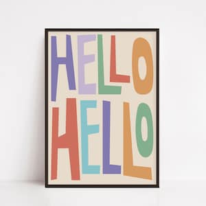 Hello Print, Bold Color Wall Art, Hello Wall Art, Dorm Room Essentials, Entryway Prints, Colorful Quote Typography, Hallway Welcome Print