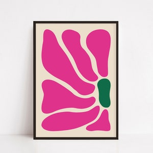 Impresión de flores botánicas abstractas con colores complementarios audaces, póster rosa y verde, arte de pared floral de colores vibrantes, decoración ecléctica del hogar