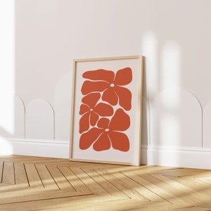 Impresión botánica abstracta roja, arte de pared de flores de primavera, flores de amapolas imprimibles, arte de pared floral abstracto grande, cartel floral boho audaz