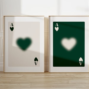 Trendy Retro Wall Art Set of 2, Ace of Spades Print Green, Ace of Hearts, Gradient Poster, Bar Decor, Kitchen Print, Playing Card Printable