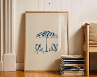 May include: A framed illustration of two blue and white striped beach chairs under a blue and white striped umbrella.