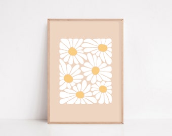White Daisy Print: Neutral Cream Beige Floral Wall Art (Digital Download)