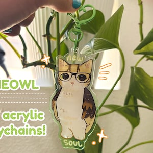 Könnte beinhalten: Ein 7,6 cm großer Acryl-Schlüsselanhänger mit einer Cartoon-Katze mit Brille. Die Katze hat braunes und weißes Fell und ist mit "new soul" beschriftet. Das Wort "MEOWL" steht in Grün, zusammen mit dem Text "acrylic keychains!"