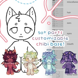 May include: Digital art showing a customizable chibi base with over 50 parts. The image includes a blank chibi character outline and four examples with different designs, including a devil, an angel, and two other fantasy creatures. Text on the image reads "50+ parts customizable chibi base!"