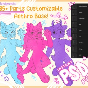 May include: Three customizable anthro character bases in blue, pink, and purple. Each base has 85+ parts that can be mixed and matched to create unique characters. The image includes the text "lumigoomi's 85+ Parts Customizable Anthro Base! INSTANT PSD FILE!"