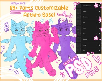Super Customizable Anthro Base | Feral Furry/Fursona Lineart Customizable PSD File