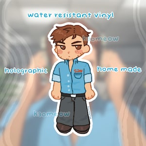 May include: A holographic, water-resistant vinyl sticker featuring a cartoon illustration of a man in a blue shirt and gray pants. The sticker has the text "home made" and the artist's name.
