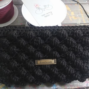 Cartera de punto hecha a mano, bolso, ganchillo, estilo burbuja, negro