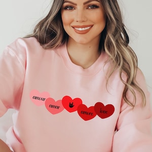 Red Hearts Love Sweater (Red Ombre), Cute Galentines Day Sweatshirt, Sign Language, French Words Pullover for Friends, Moms & Teachers