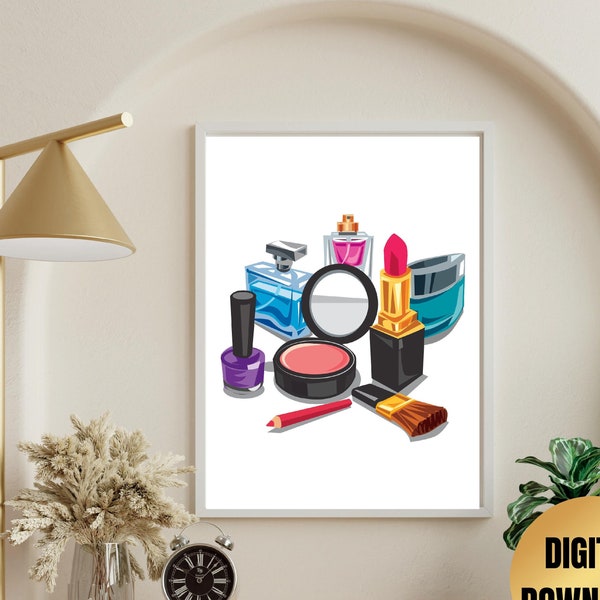 Makeup Items Wall Art Print, Makeup Room Poster, Beauty Salon Decor, Modern Fashion Art Print, Feminine Wall Art, Printable Room Decoration