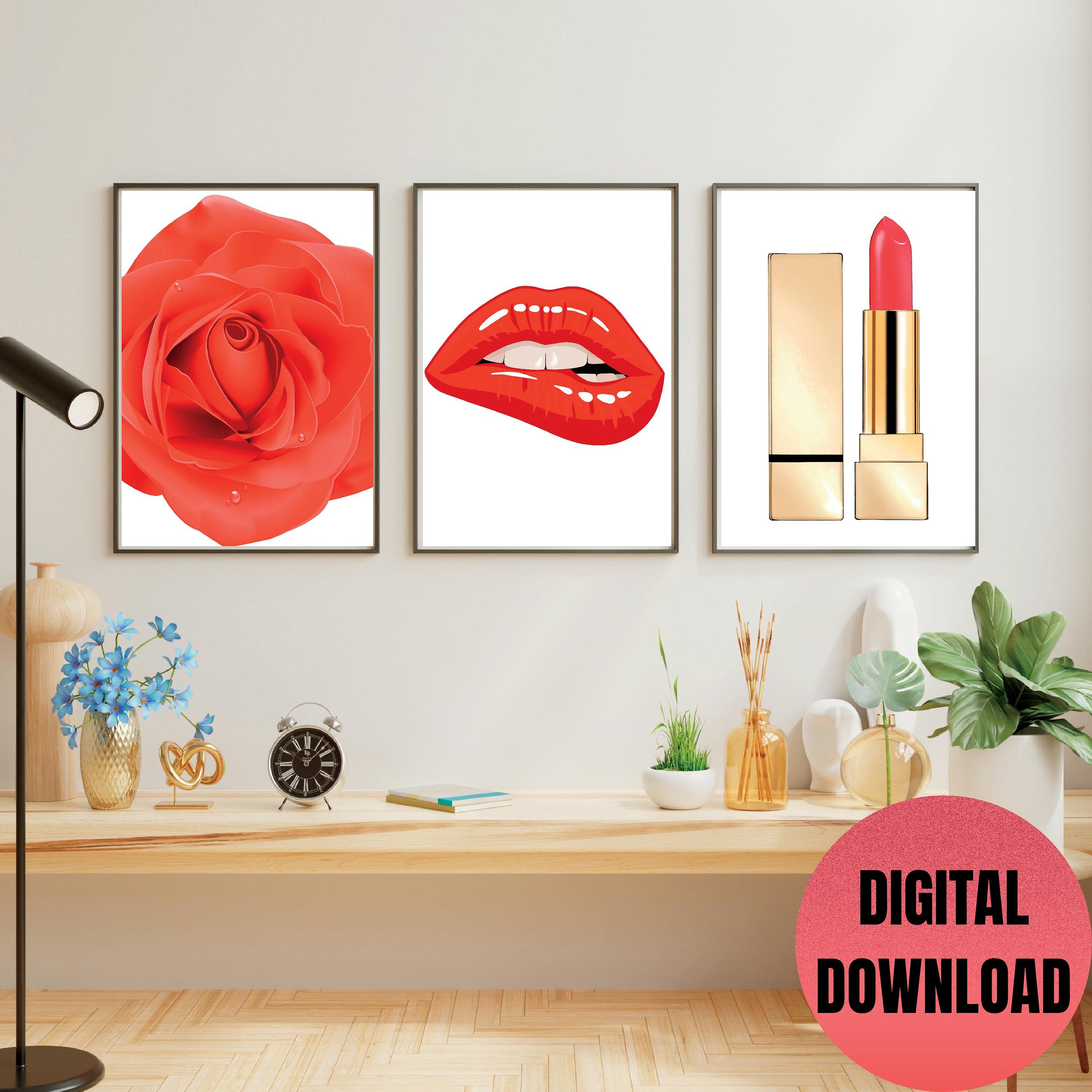Set of 3 Makeup Wall Decor, Lips Wall Poster, Beauty Salon Wall Art, Red Rose Art Print