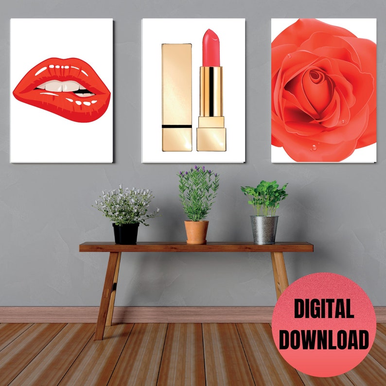 Set of 3 Makeup Wall Decor, Lips Wall Poster, Beauty Salon Wall Art, Red Rose Art Print