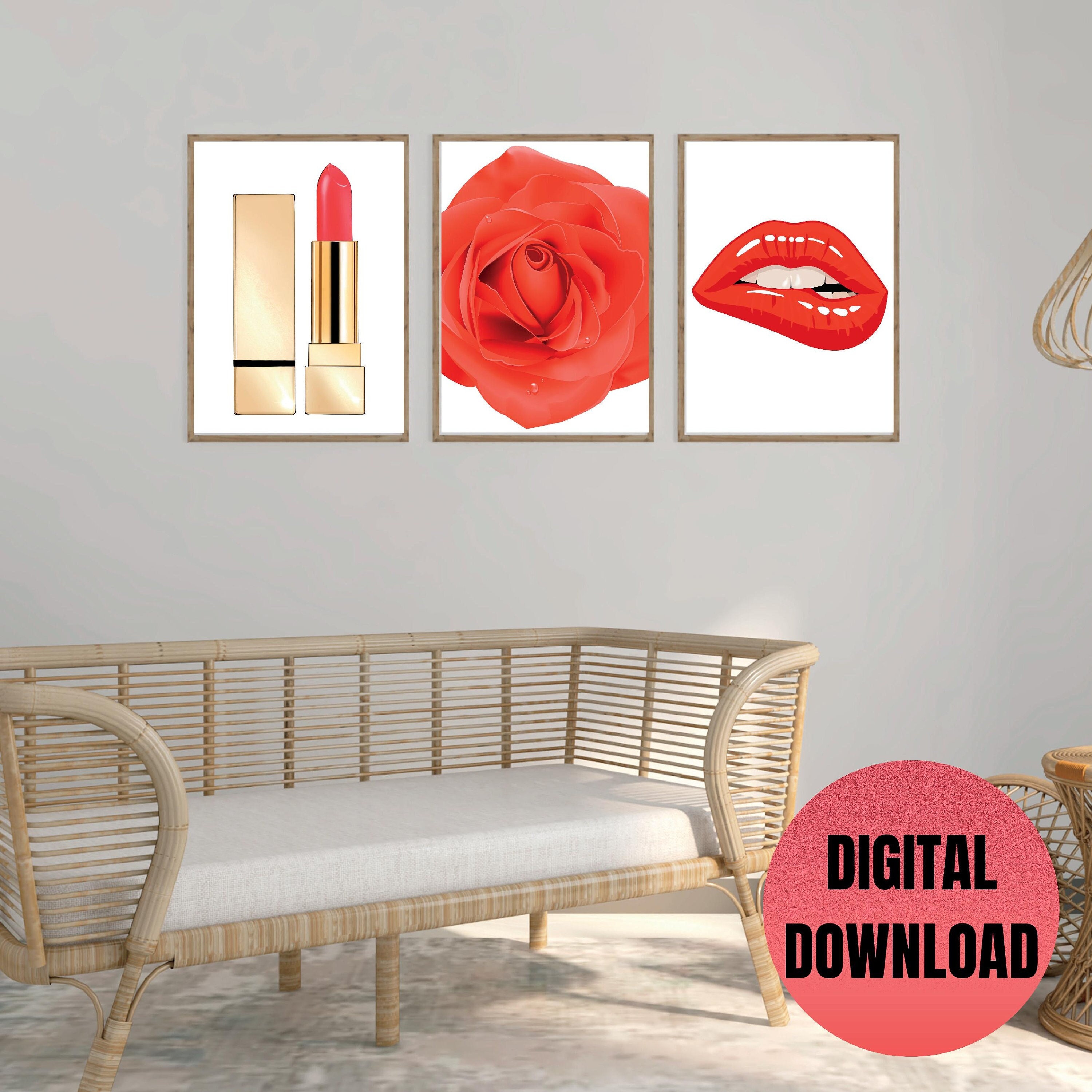 Set of 3 Makeup Wall Decor, Lips Wall Poster, Beauty Salon Wall Art, Red Rose Art Print